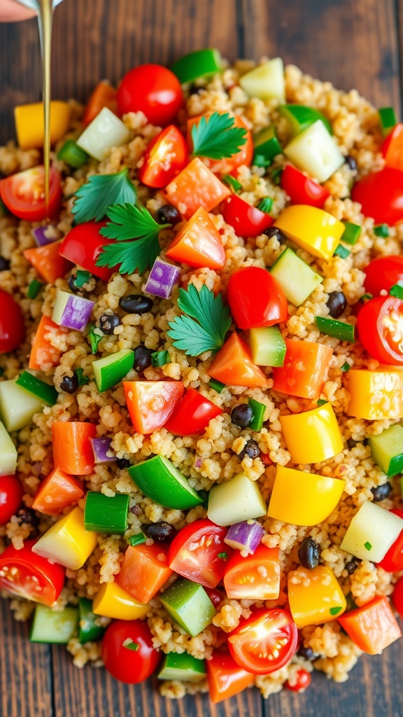 A vibrant quinoa salad with fresh vegetables and herbs on a wooden table.